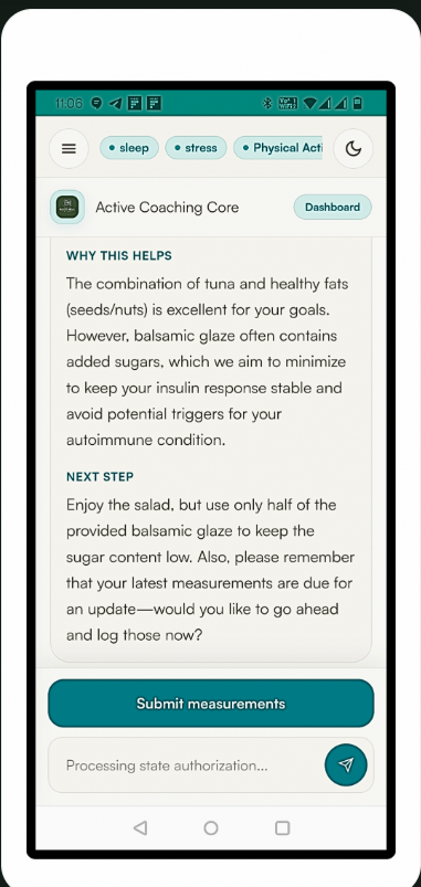 BhAi response screen showing why the meal helps and the next step to submit measurements