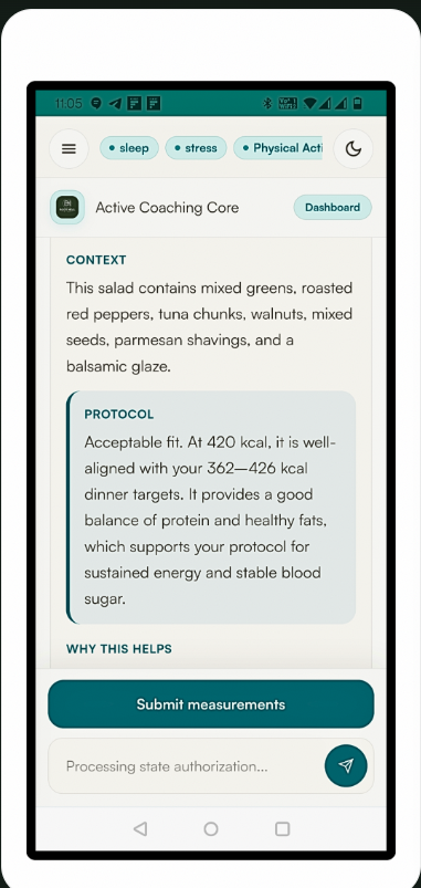 BhAi response screen showing context and fit for the uploaded meal